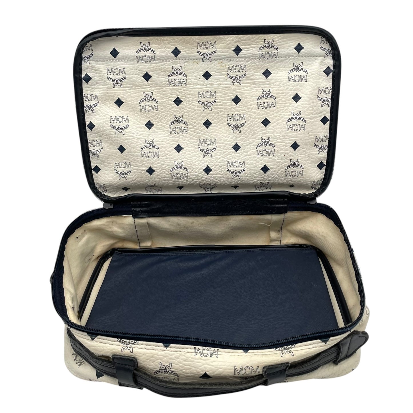 [良品] MCM エムシーエム ハンドバッグ ビジネスバッグ ヴィセトス モノグラム レザー ホワイト ネイビー ゴールド金具 ヴィンテージ クラシック エレガント 自立可 カバン 鞄 レディース メンズ ユニセックス 旅行 通勤 通学 トラベル U5