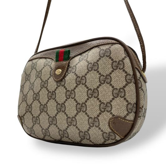 GUCCI グッチ GGスプリーム オールドグッチ PVC レザー シェリーライン ショルダーバッグ グレー ベージュ ゴールド金具 斜め掛け ヴィンテージ D5