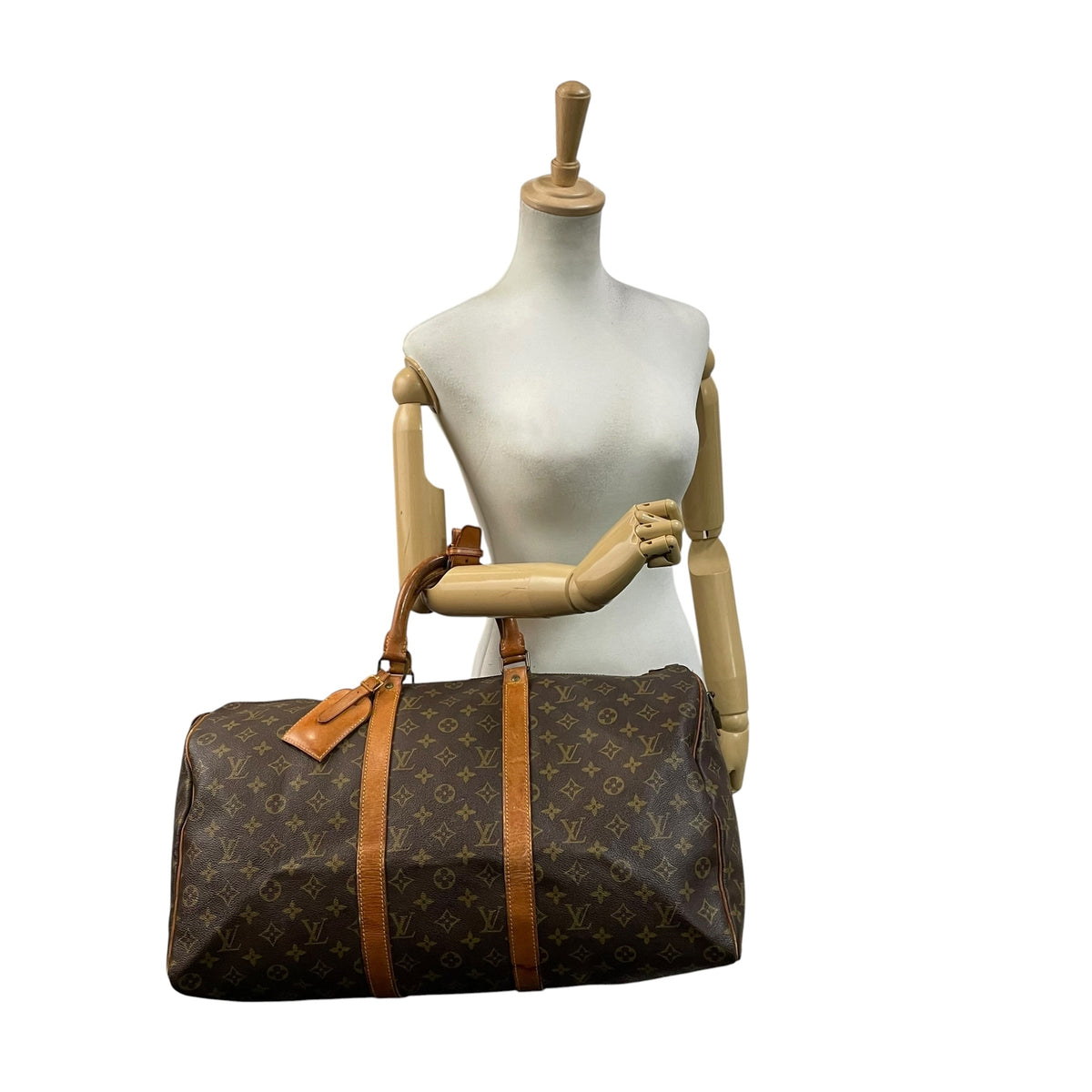 ルイヴィトン LOUIS VUITTON キーポル 50 モノグラム ボストンバッグ ハンドバッグ トラベルバッグ 手提げかばん 大容量 出張 旅行鞄 PVC レザー 本革 ブラウン 茶 ゴールド金具 パドロック ネームタグ ヴィンテージ U11