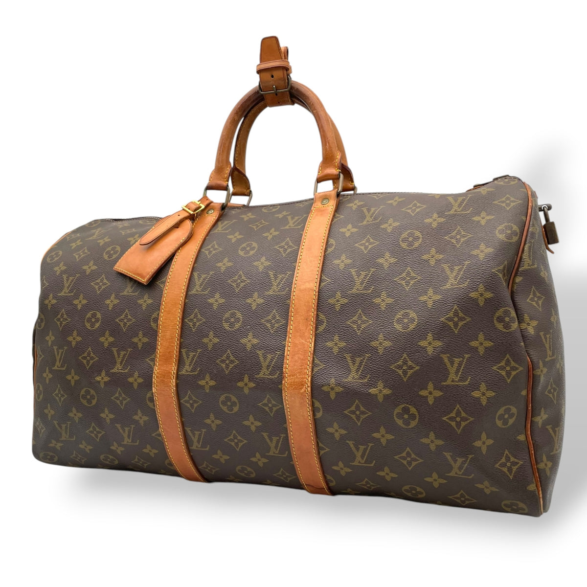 ルイヴィトン LOUIS VUITTON キーポル 50 モノグラム ボストンバッグ ハンドバッグ トラベルバッグ 手提げかばん 大容量 出張 旅行鞄 PVC レザー 本革 ブラウン 茶 ゴールド金具 パドロック ネームタグ ヴィンテージ U11