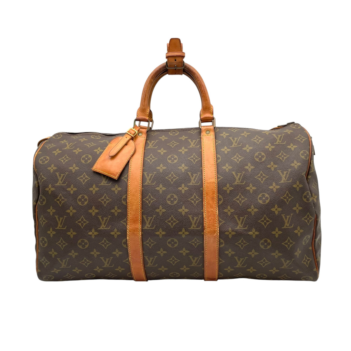 ルイヴィトン LOUIS VUITTON キーポル 50 モノグラム ボストンバッグ ハンドバッグ トラベルバッグ 手提げかばん 大容量 出張 旅行鞄 PVC レザー 本革 ブラウン 茶 ゴールド金具 パドロック ネームタグ ヴィンテージ U11