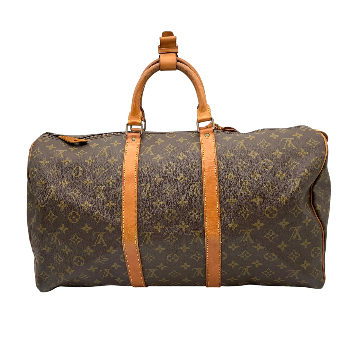 ルイヴィトン LOUIS VUITTON キーポル 50 モノグラム ボストンバッグ ハンドバッグ トラベルバッグ 手提げかばん 大容量 出張 旅行鞄 PVC レザー 本革 ブラウン 茶 ゴールド金具 パドロック ネームタグ ヴィンテージ U11