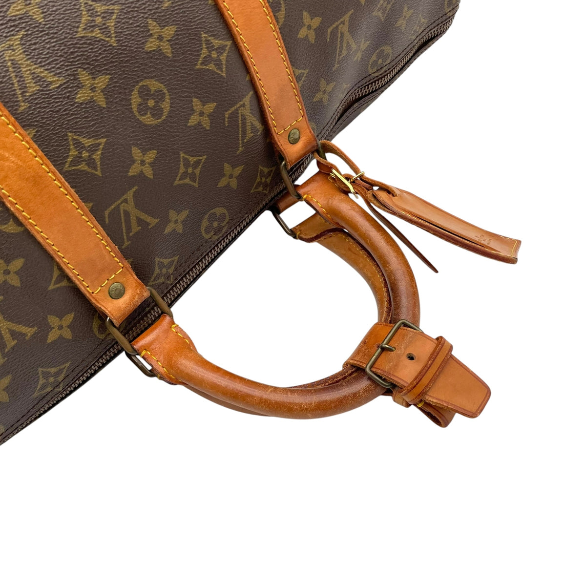 ルイヴィトン LOUIS VUITTON キーポル 50 モノグラム ボストンバッグ ハンドバッグ トラベルバッグ 手提げかばん 大容量 出張 旅行鞄 PVC レザー 本革 ブラウン 茶 ゴールド金具 パドロック ネームタグ ヴィンテージ U11