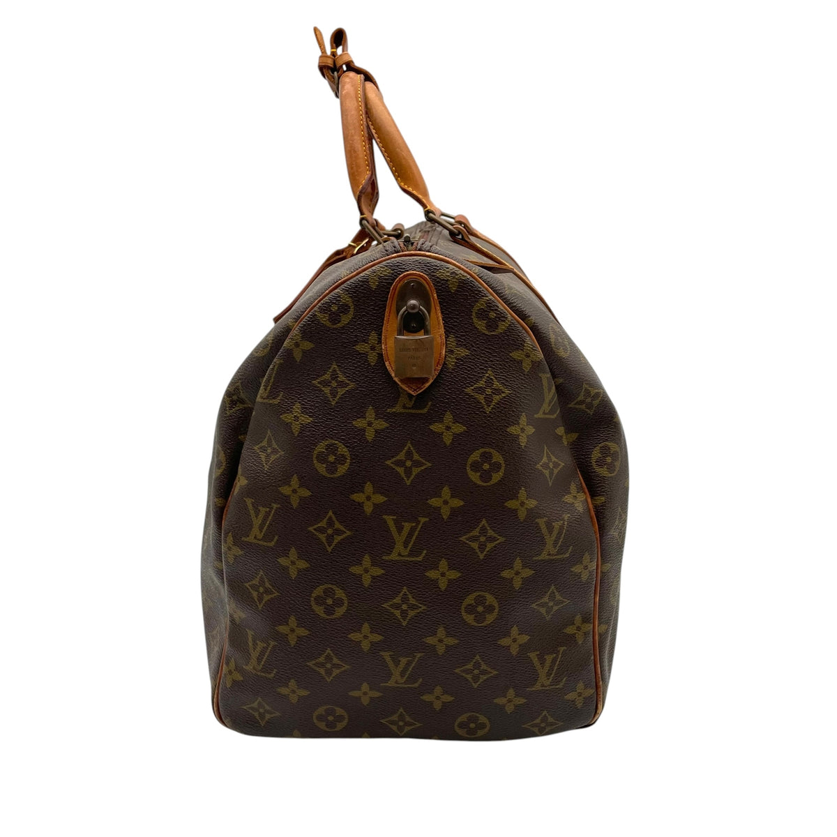ルイヴィトン LOUIS VUITTON キーポル 50 モノグラム ボストンバッグ ハンドバッグ トラベルバッグ 手提げかばん 大容量 出張 旅行鞄 PVC レザー 本革 ブラウン 茶 ゴールド金具 パドロック ネームタグ ヴィンテージ U11