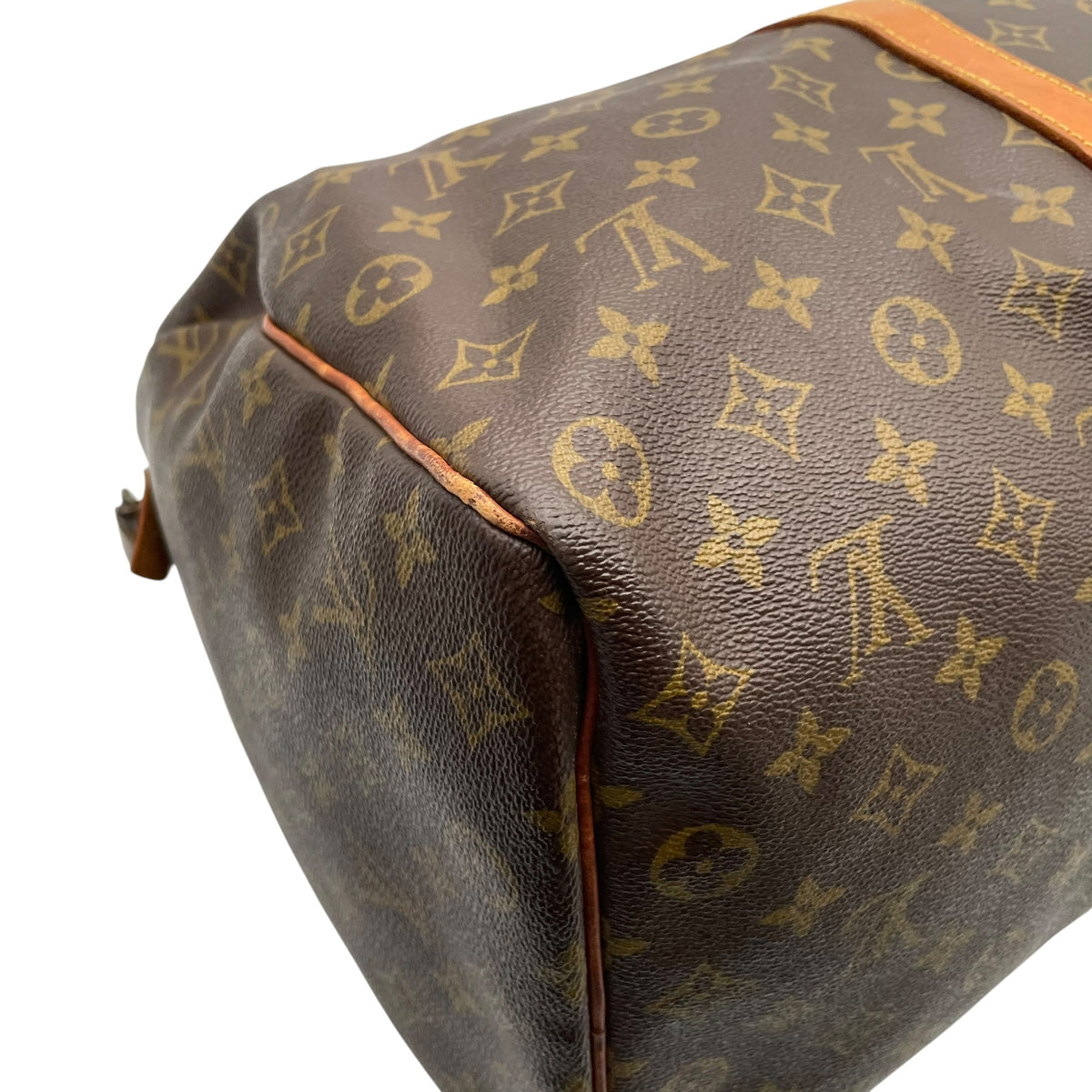 ルイヴィトン LOUIS VUITTON キーポル 50 モノグラム ボストンバッグ ハンドバッグ トラベルバッグ 手提げかばん 大容量 出張 旅行鞄 PVC レザー 本革 ブラウン 茶 ゴールド金具 パドロック ネームタグ ヴィンテージ U11