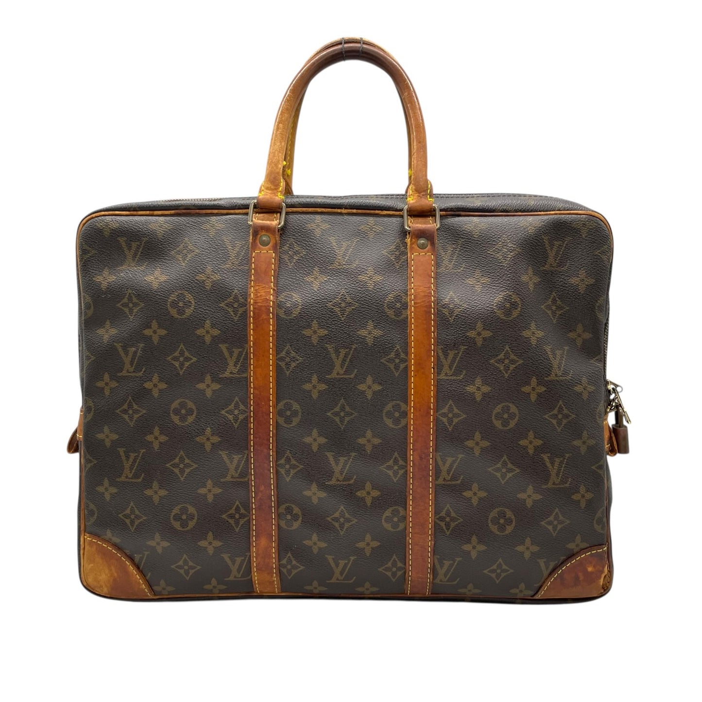 ルイヴィトン LOUISVUITTON モノグラム ビジネスバッグ ブリーフケース ポルトドキュマン ブラウン 茶 PVC レザー ビンテージ クラシック エレガント メンズ 通勤 A4収納 PC収納 出張 ヌメ革 フランス製 パドロック カバン 自立可 B