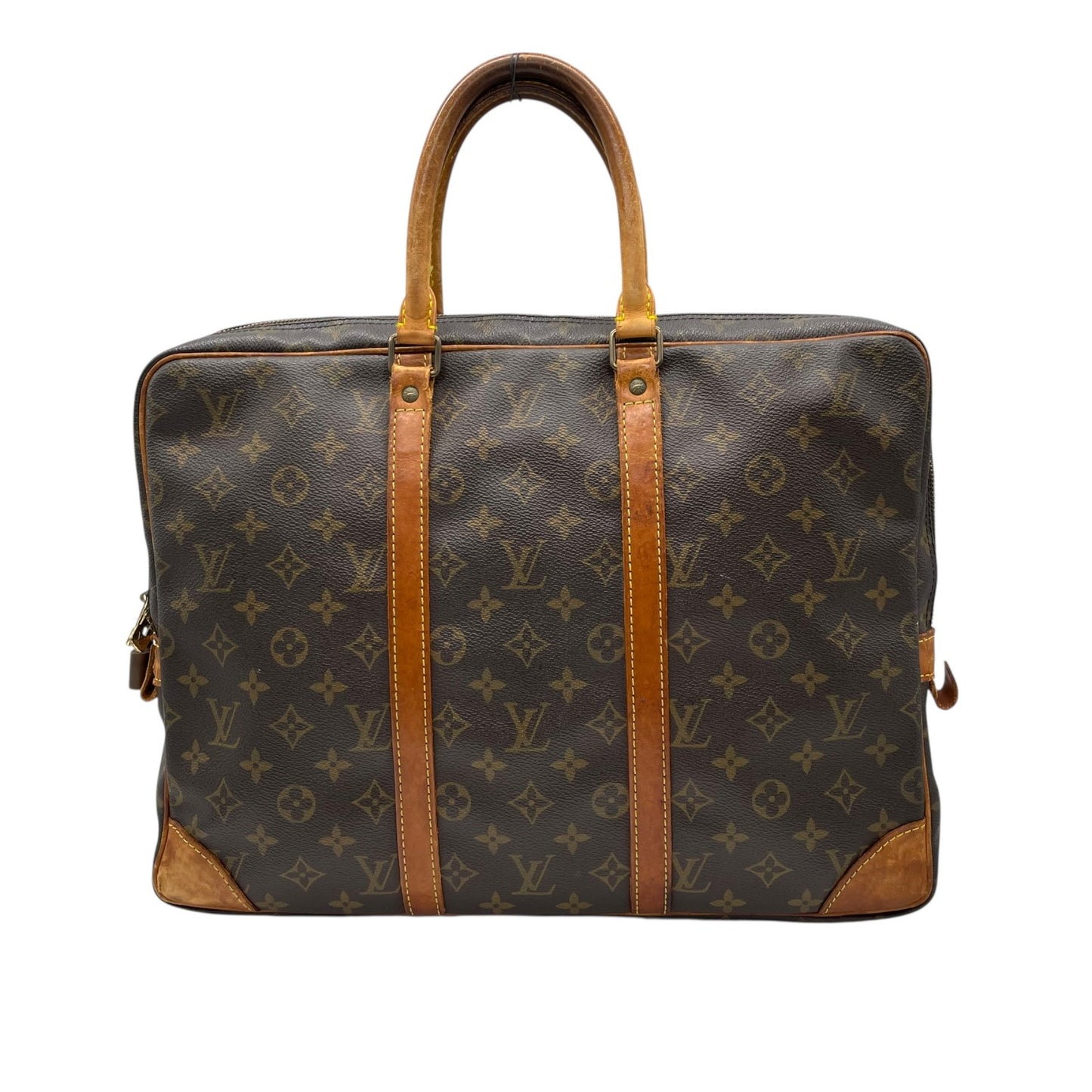 ルイヴィトン LOUISVUITTON モノグラム ビジネスバッグ ブリーフケース ポルトドキュマン ブラウン 茶 PVC レザー ビンテージ クラシック エレガント メンズ 通勤 A4収納 PC収納 出張 ヌメ革 フランス製 パドロック カバン 自立可 B
