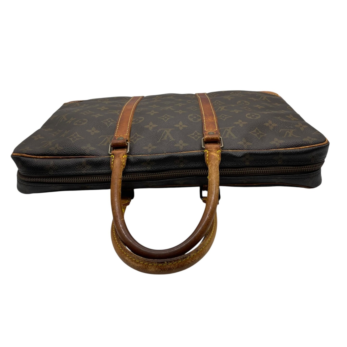 ルイヴィトン LOUISVUITTON モノグラム ビジネスバッグ ブリーフケース ポルトドキュマン ブラウン 茶 PVC レザー ビンテージ クラシック エレガント メンズ 通勤 A4収納 PC収納 出張 ヌメ革 フランス製 パドロック カバン 自立可 B
