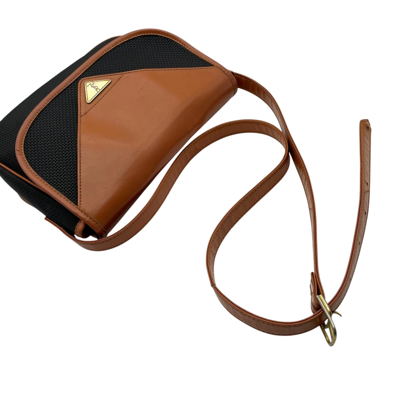 YVES SAINT LAURENT イヴサンローラン バッグ YSL 三角プレート フラップ ショルダーバッグ 斜め掛け 肩掛け ポシェット PVC レザー ネイビー ブラウン 茶系 ゴールド金具 ヴィンテージ デイリー レディース B2