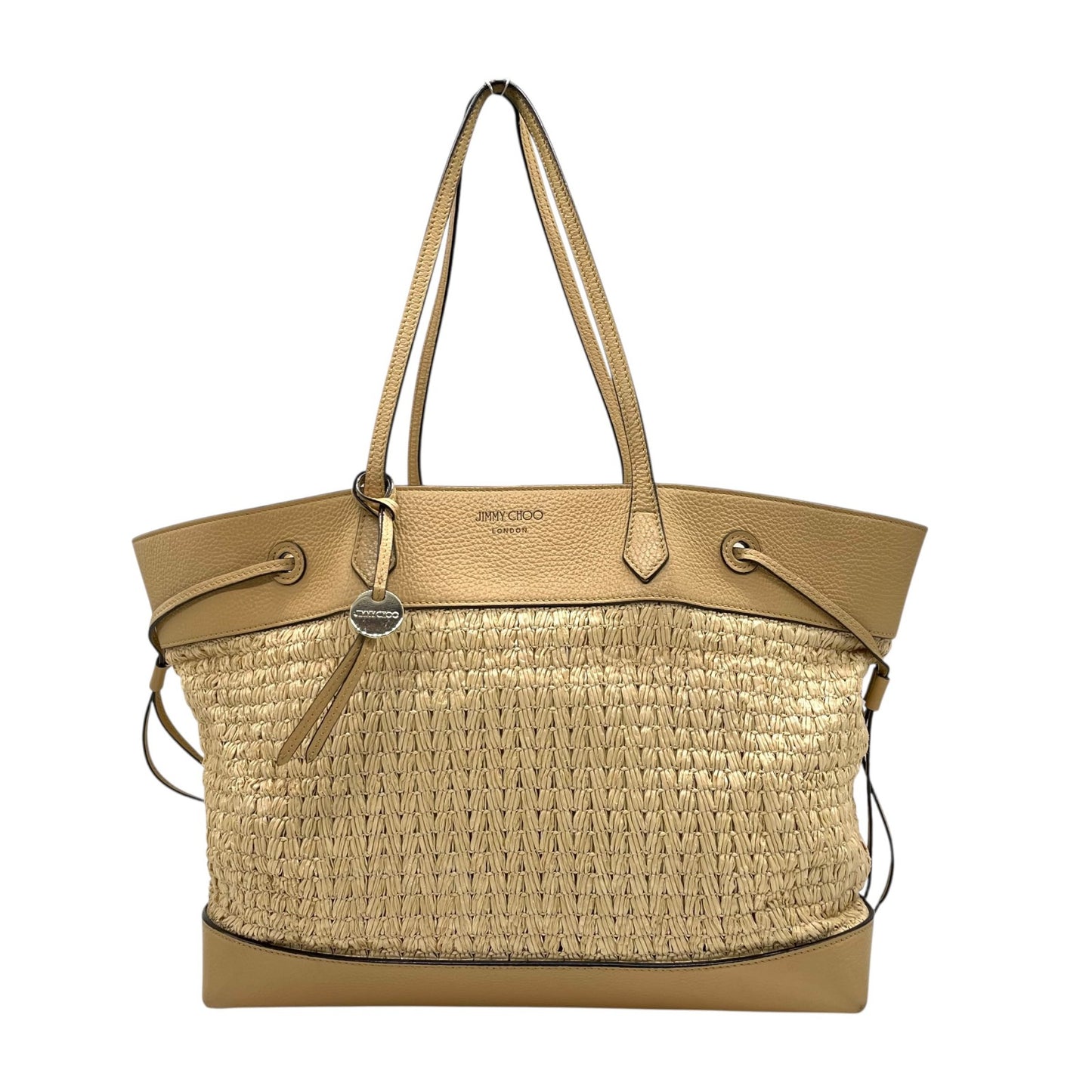 JIMMY CHOO ジミーチュウ カゴバッグ トートバッグ ワンショルダー かごバッグ ストロー ラフィア レザー 本革 ベージュ ゴールド金具 レディース カジュアル エレガント クラシック リゾート 肩掛け 鞄 バッグ カバン ブランド ロゴ U9