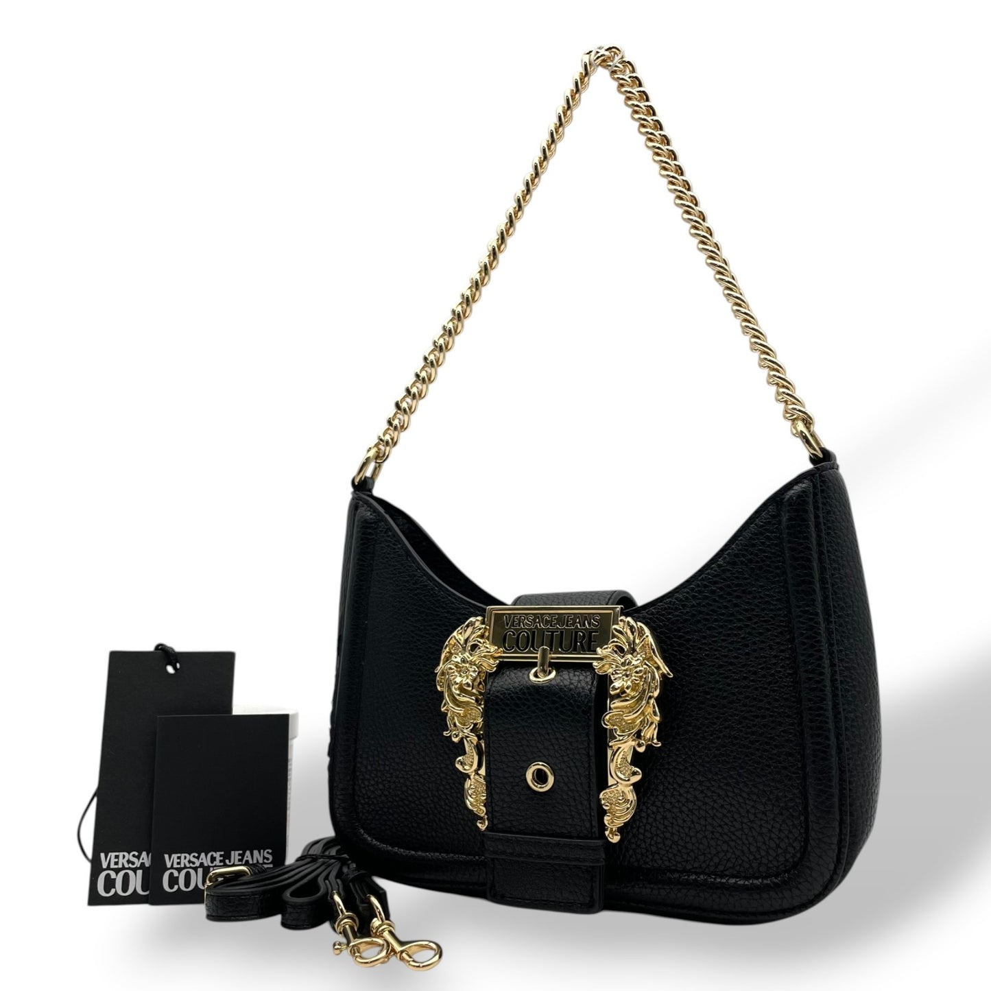 VERSACE JEANS COUTURE ヴェルサーチ ジーンズ クチュール 2WAY ショルダーバッグ ハンドバッグ ブラック ゴールド金具 チェーン ロゴ レディース K8