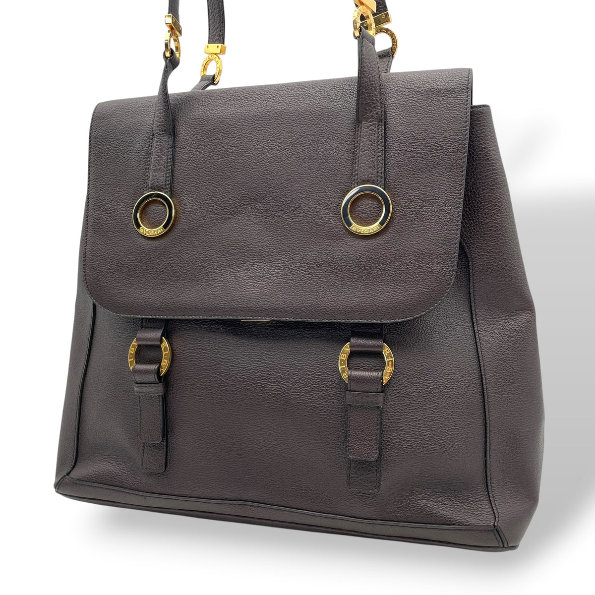 【美品】ブルガリ BVLGARI タマラ Tamara トートバッグ ハンドバッグ フラップバッグ ブルガリブルガリ サークル金具 グレインレザー 本革 ダークブラウン 茶 ゴールド金具 ヴィンテージ A4サイズ収納可能 E5