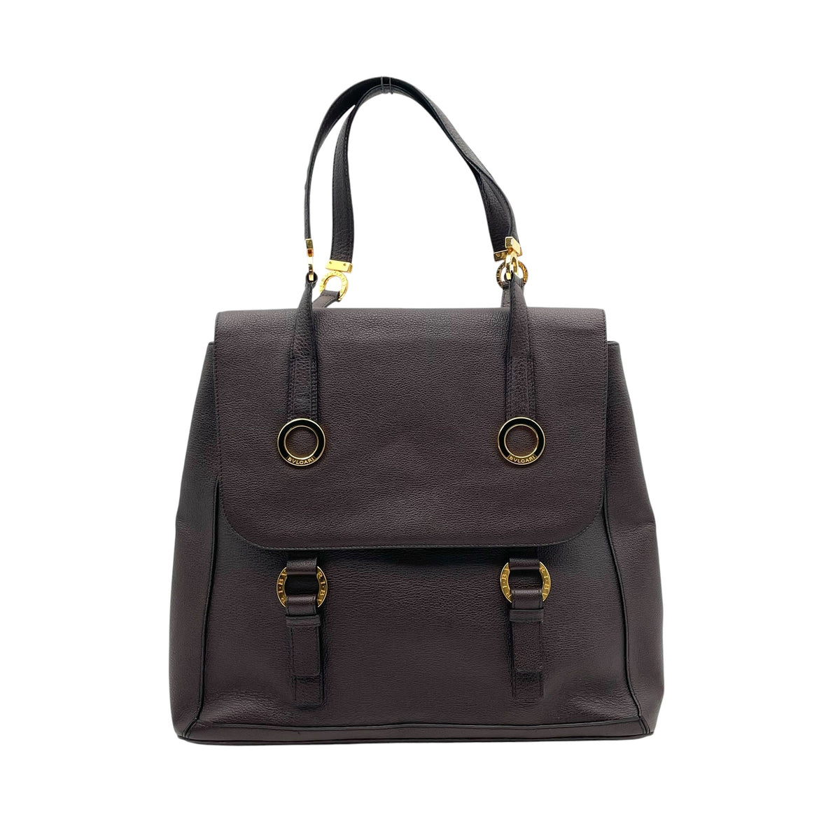【美品】ブルガリ BVLGARI タマラ Tamara トートバッグ ハンドバッグ フラップバッグ ブルガリブルガリ サークル金具 グレインレザー 本革 ダークブラウン 茶 ゴールド金具 ヴィンテージ A4サイズ収納可能 E5