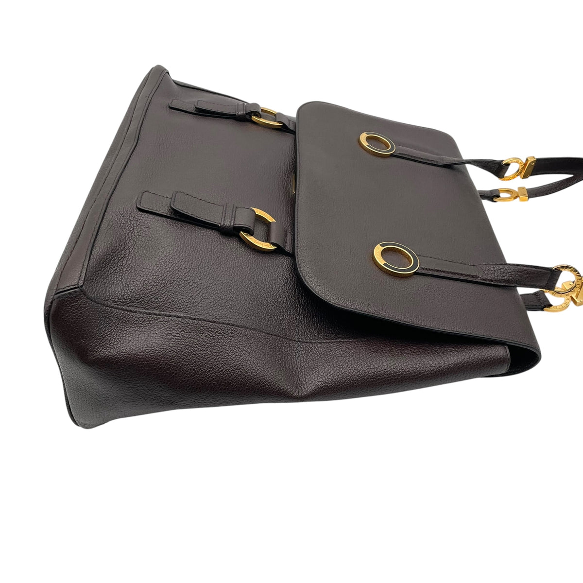 【美品】ブルガリ BVLGARI タマラ Tamara トートバッグ ハンドバッグ フラップバッグ ブルガリブルガリ サークル金具 グレインレザー 本革 ダークブラウン 茶 ゴールド金具 ヴィンテージ A4サイズ収納可能 E5