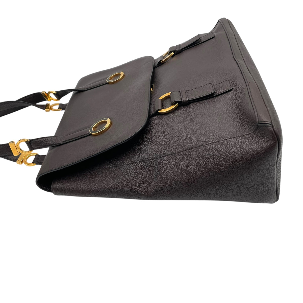 【美品】ブルガリ BVLGARI タマラ Tamara トートバッグ ハンドバッグ フラップバッグ ブルガリブルガリ サークル金具 グレインレザー 本革 ダークブラウン 茶 ゴールド金具 ヴィンテージ A4サイズ収納可能 E5