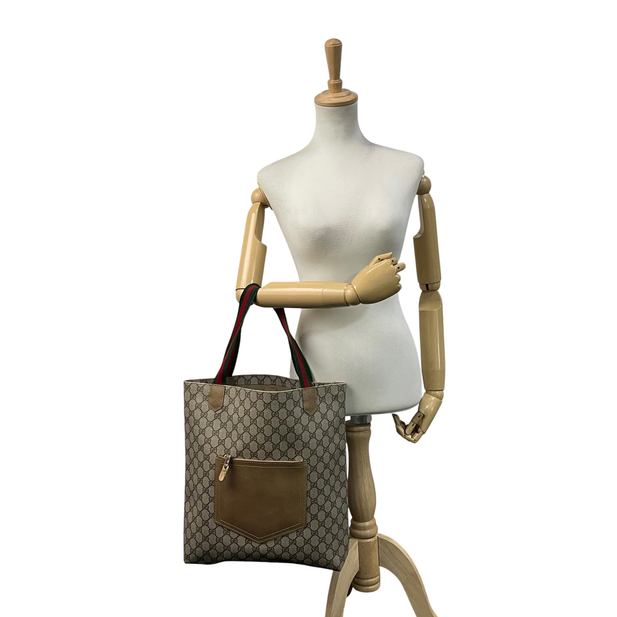 オールドグッチ グッチ GUCCI GGスプリーム GGプラス PVC レザー トートバッグ ハンドバッグ シェリーライン 縦型 本革 ベージュ グレージュ ブラウン 茶 ゴールド金具 A4サイズ収納可能 ヴィンテージ ビンテージ 通学 通勤 U15