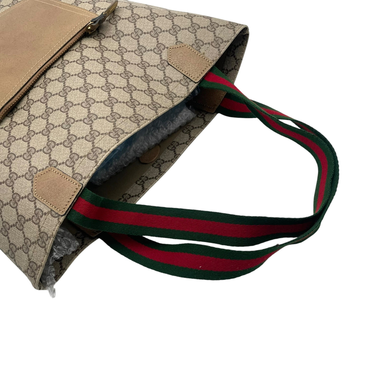 オールドグッチ グッチ GUCCI GGスプリーム GGプラス PVC レザー トートバッグ ハンドバッグ シェリーライン 縦型 本革 ベージュ グレージュ ブラウン 茶 ゴールド金具 A4サイズ収納可能 ヴィンテージ ビンテージ 通学 通勤 U15