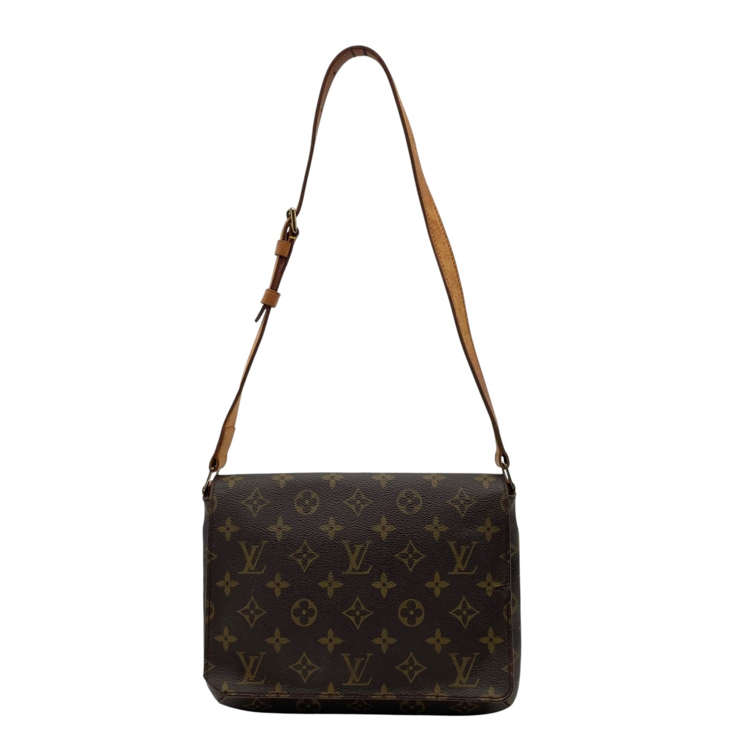 【良品】 ルイ・ヴィトン LOUIS VUITTON モノグラム ミュゼットタンゴ ショルダーバッグ クロスボディ 肩掛け PVC レザー ブラウン 茶 ゴールド金具 フラップ マグネット開閉 レディース エレガント カジュアル 定番 人気 お出かけ C7