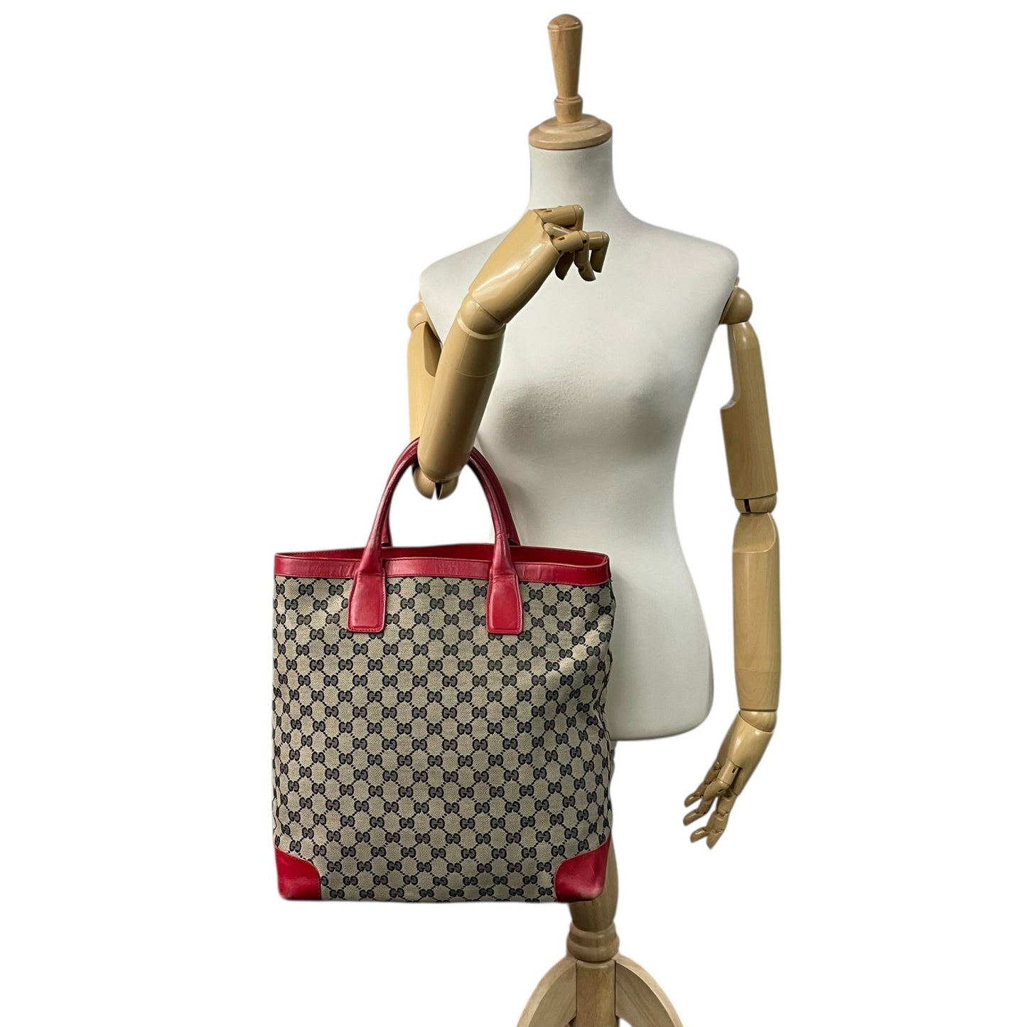 GUCCI グッチ GGキャンバス レザー トートバッグ グレー レッド モノグラム カジュアル クラシックデザイン レディース U10