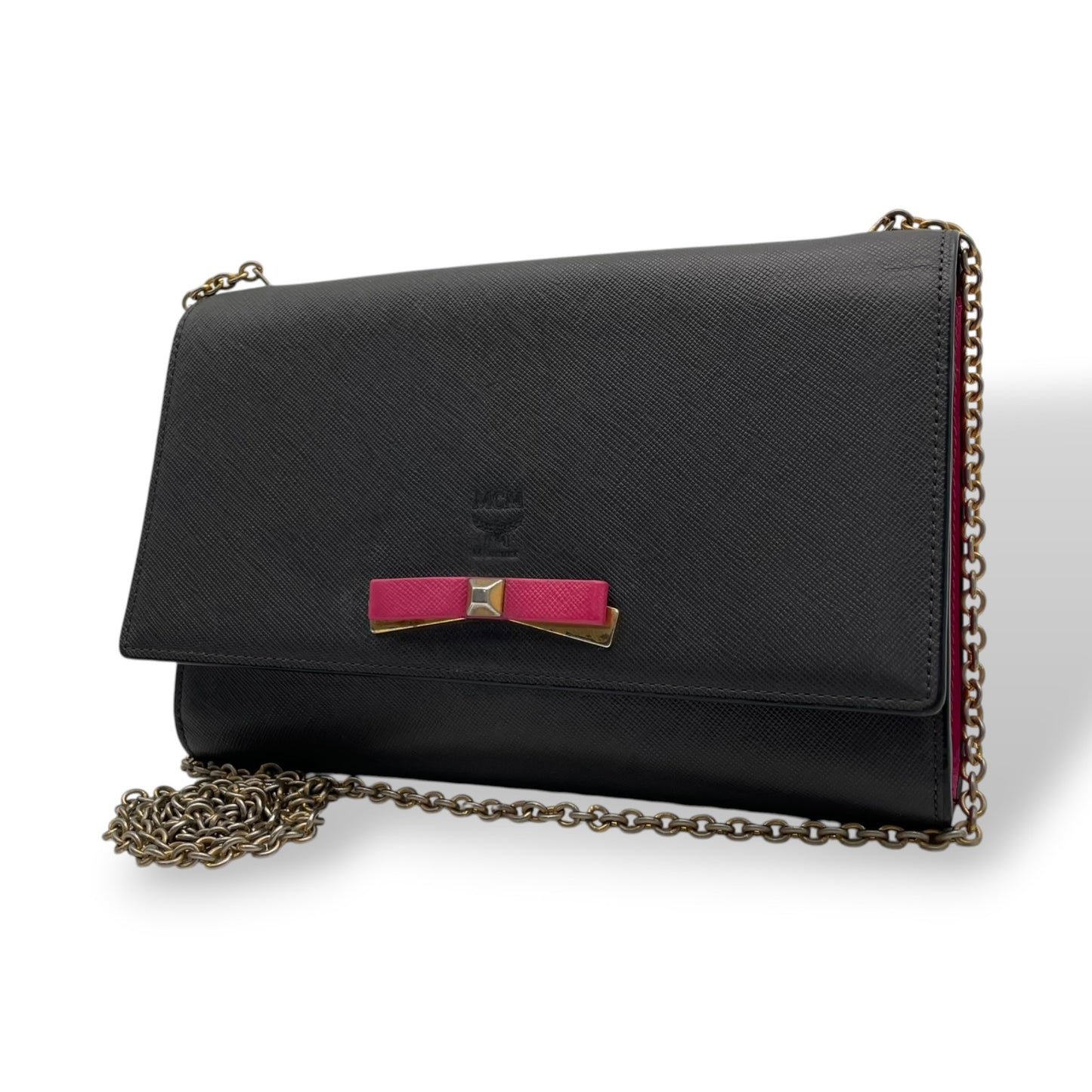 美品 MCM エムシーエム ヴィセトス レザー チェーンウォレット ショルダーバッグ 長財布 ブラック ピンク ゴールド金具 レディース U9