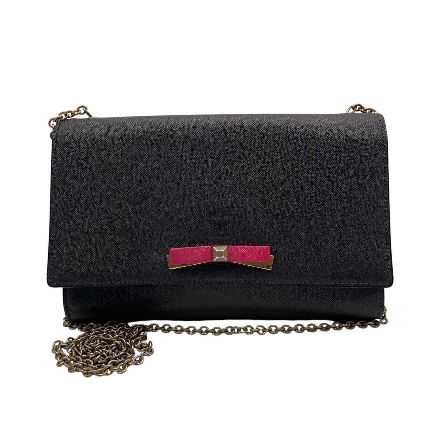 美品 MCM エムシーエム ヴィセトス レザー チェーンウォレット ショルダーバッグ 長財布 ブラック ピンク ゴールド金具 レディース U9