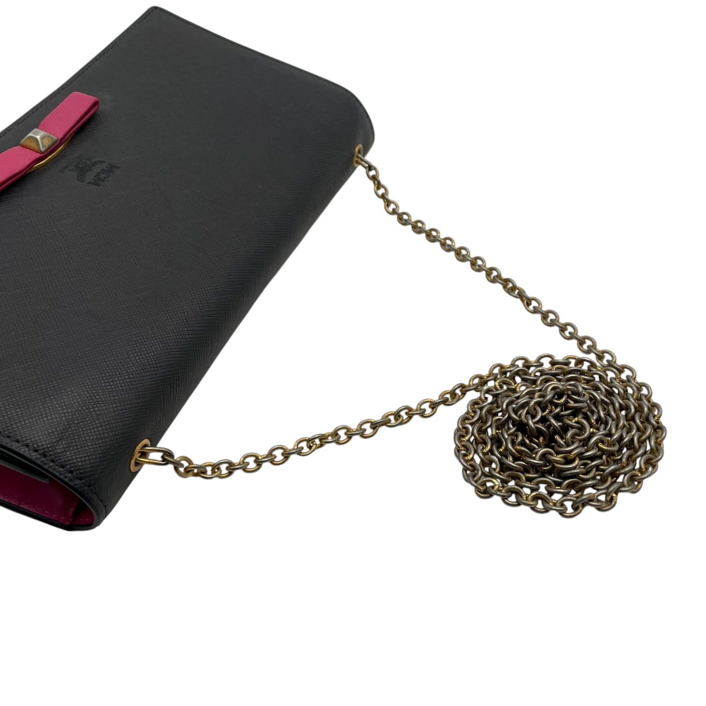 美品 MCM エムシーエム ヴィセトス レザー チェーンウォレット ショルダーバッグ 長財布 ブラック ピンク ゴールド金具 レディース U9