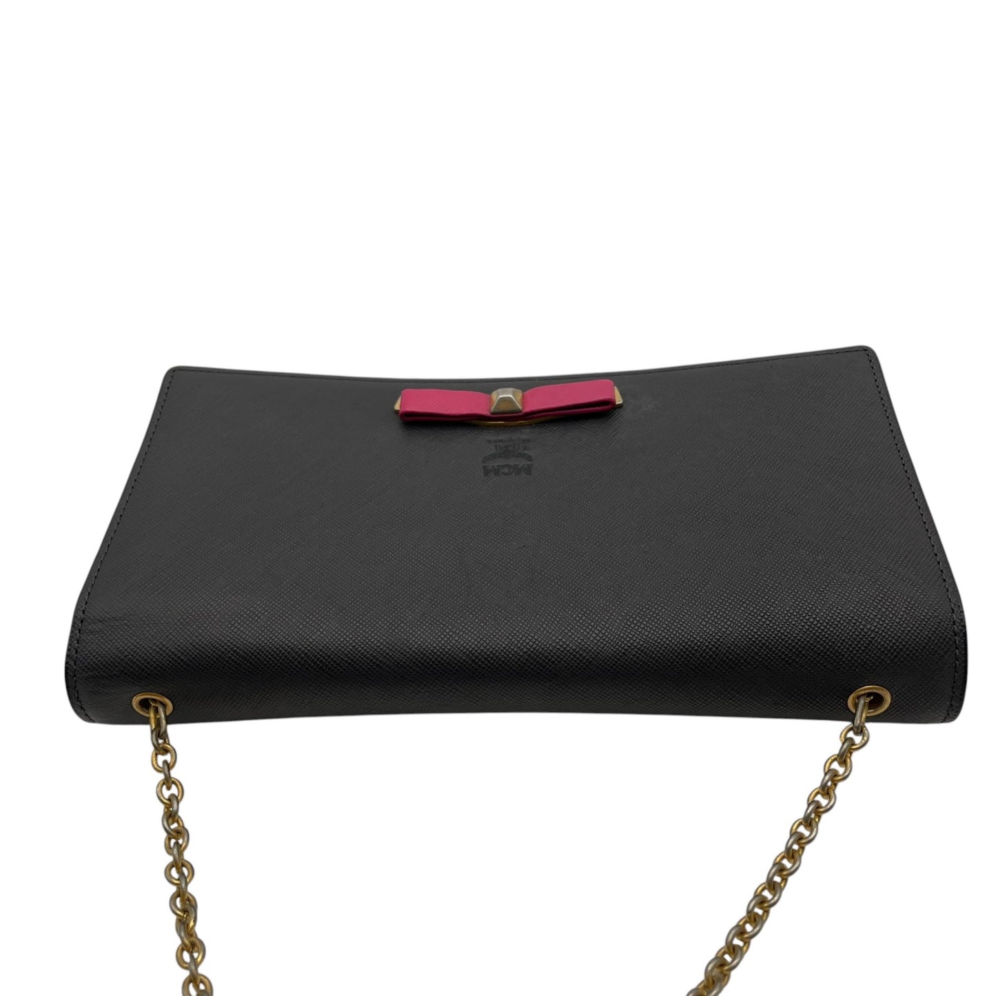 美品 MCM エムシーエム ヴィセトス レザー チェーンウォレット ショルダーバッグ 長財布 ブラック ピンク ゴールド金具 レディース U9