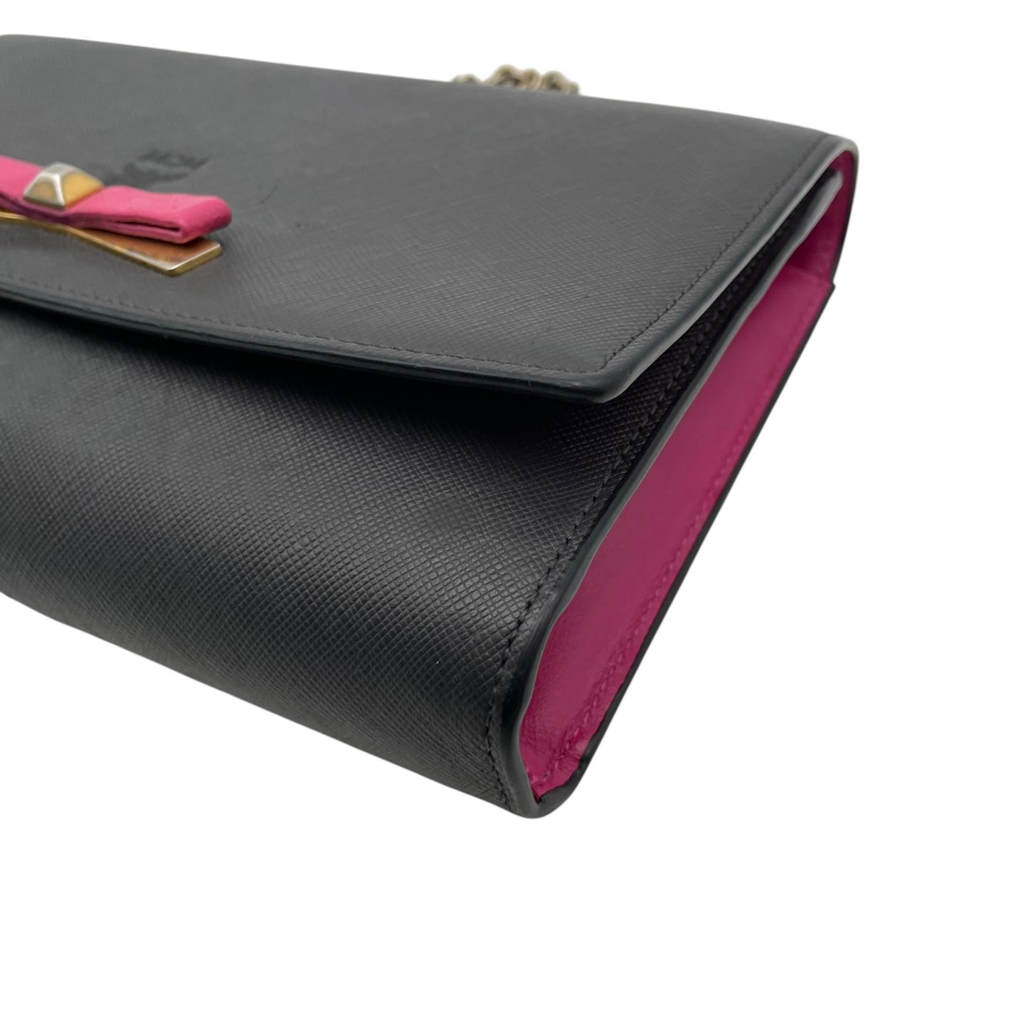 美品 MCM エムシーエム ヴィセトス レザー チェーンウォレット ショルダーバッグ 長財布 ブラック ピンク ゴールド金具 レディース U9