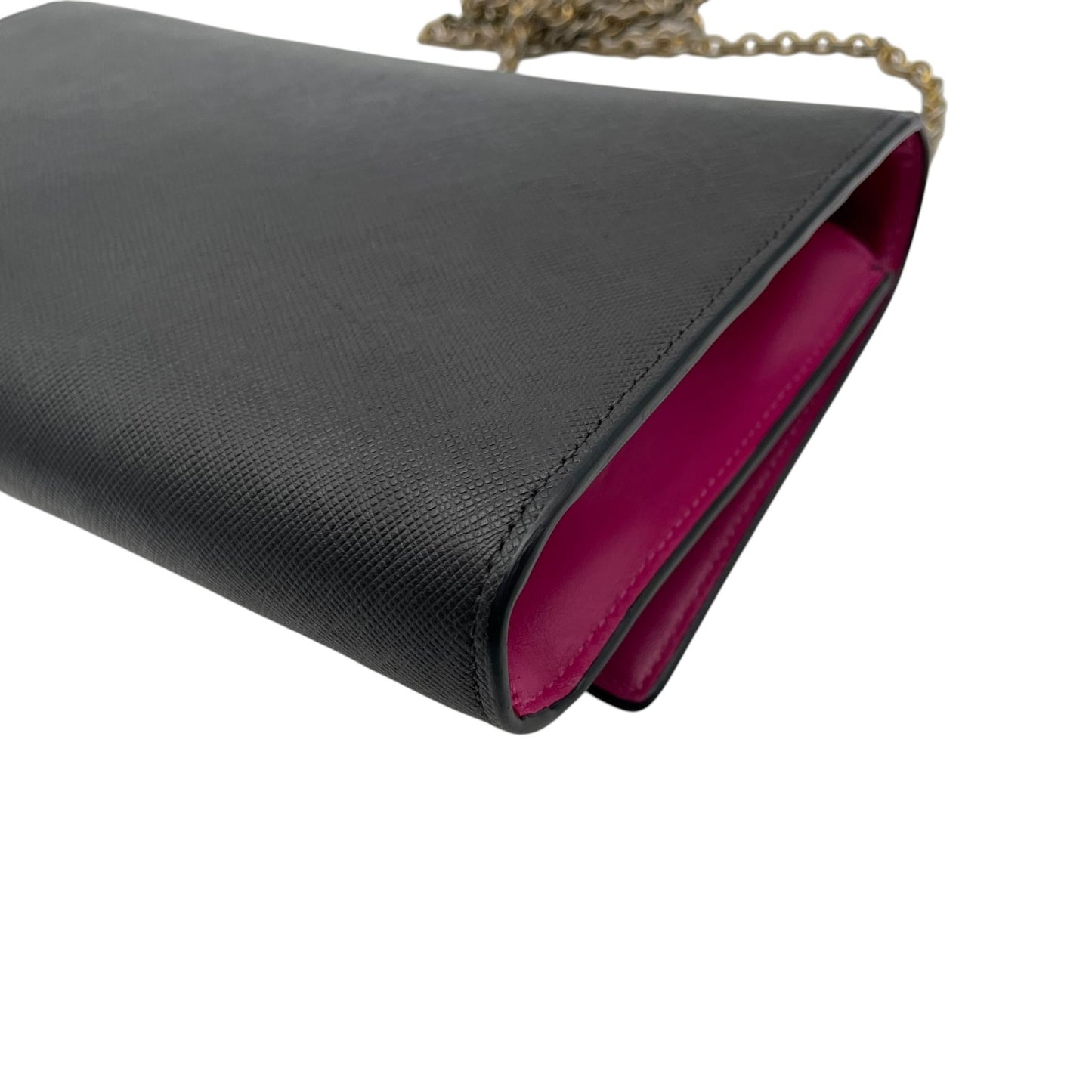 美品 MCM エムシーエム ヴィセトス レザー チェーンウォレット ショルダーバッグ 長財布 ブラック ピンク ゴールド金具 レディース U9