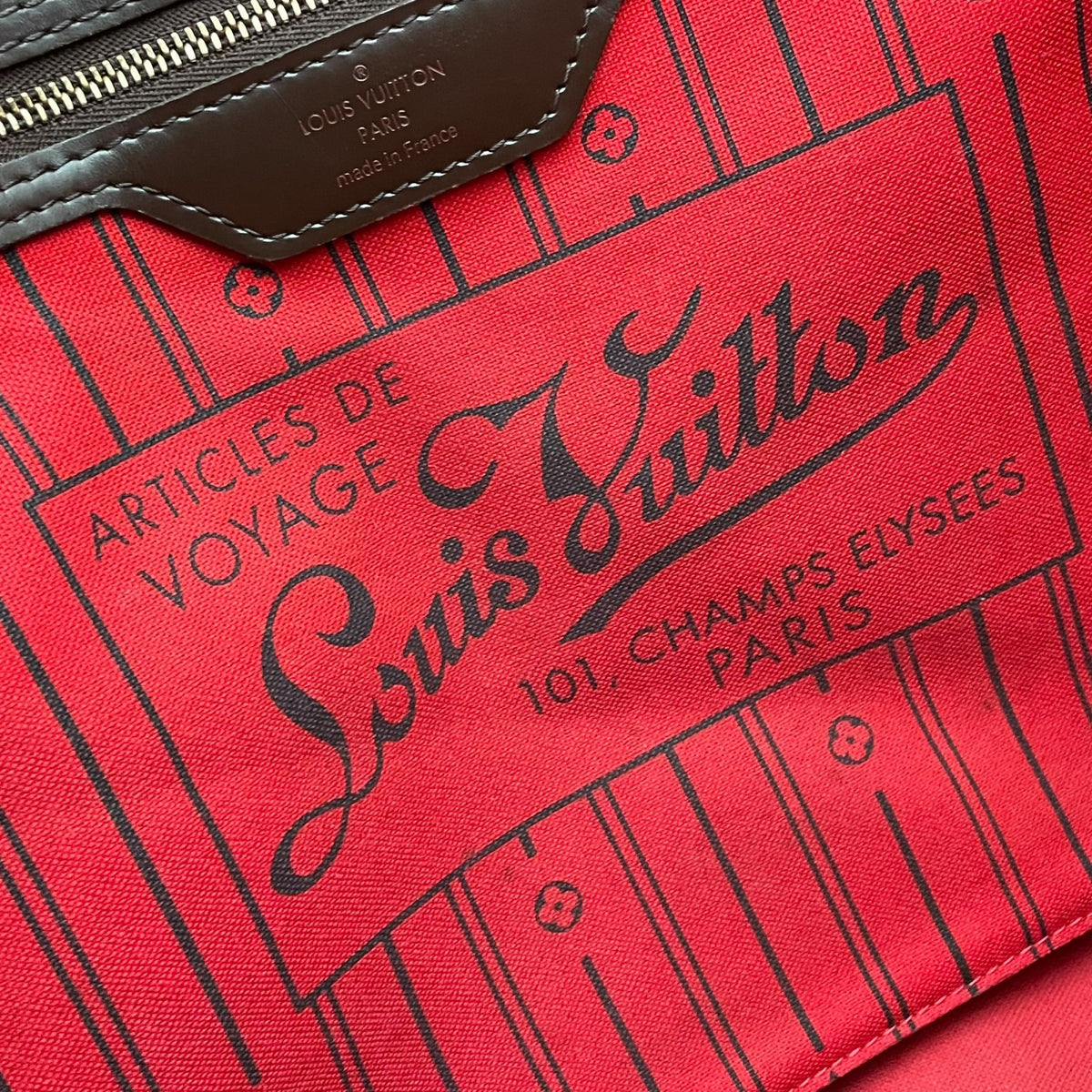 Louis Vuitton ルイヴィトン バッグ ダミエ エベヌ ネヴァーフルMM トートバッグ ハンドバッグ 手提げ 肩掛け PVC レザー ブラウン 茶系 レッド インナー赤 ゴールド金具 大容量 レディース 定番 H