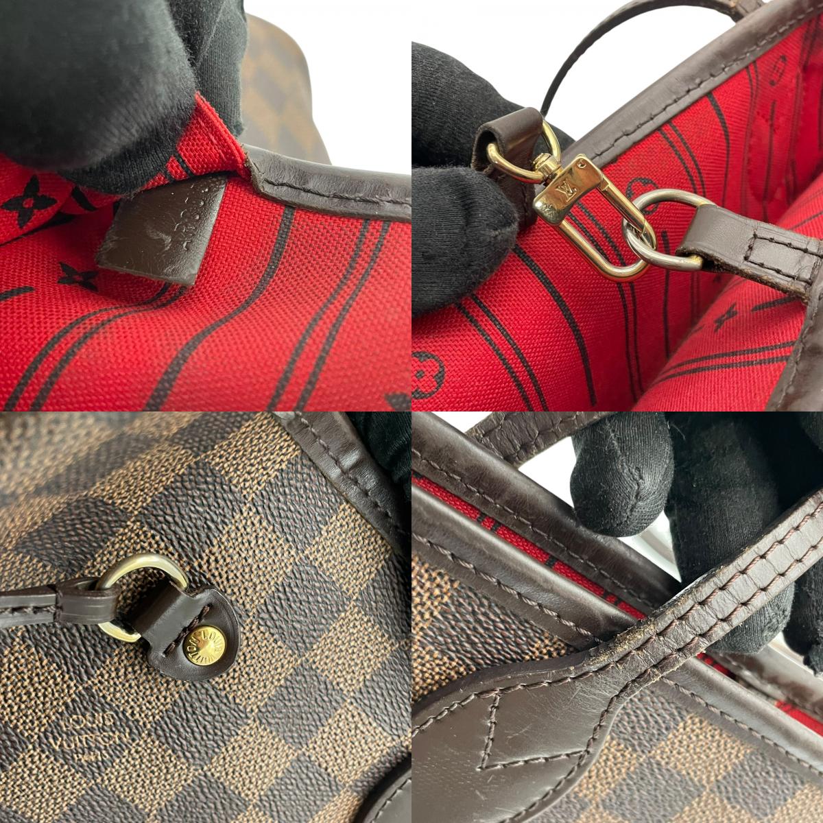 Louis Vuitton ルイヴィトン バッグ ダミエ エベヌ ネヴァーフルMM トートバッグ ハンドバッグ 手提げ 肩掛け PVC レザー ブラウン 茶系 レッド インナー赤 ゴールド金具 大容量 レディース 定番 H