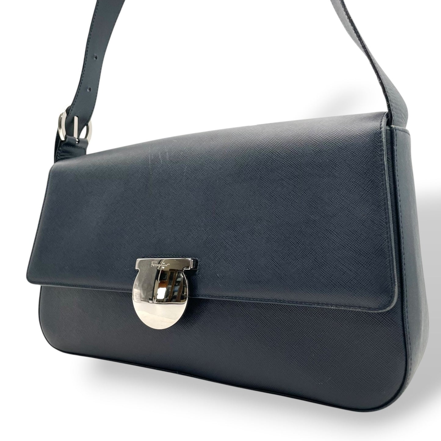 Salvatore Ferragamo フェラガモ ガンチーニ レザー 2WAY ショルダーバッグ ハンドバッグ ワンショルダー 肩掛け ネイビー シルバー金具 レディース C1