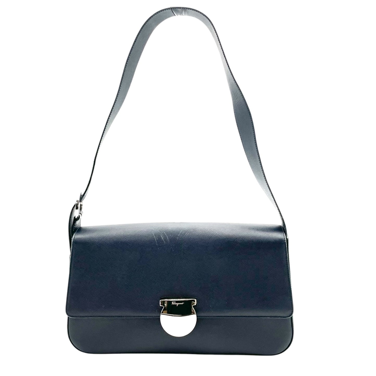 Salvatore Ferragamo フェラガモ ガンチーニ レザー 2WAY ショルダーバッグ ハンドバッグ ワンショルダー 肩掛け ネイビー シルバー金具 レディース C1