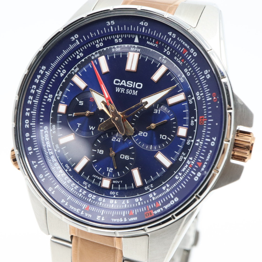 【未使用級／稼働品】カシオ CASIO スタンダード MTP-SW320 スイープセコンド メンズ クォーツ アナログ シルバー ピンクゴールド コンビ ネイビー文字盤 マルチファンクション デイデイト 24時間計 ビッグフェイス 海外モデル 逆輸入 G8