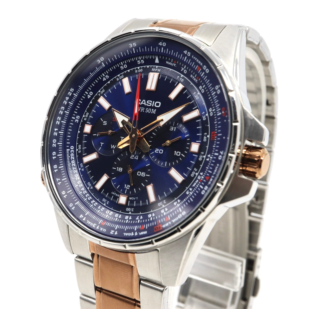 【未使用級／稼働品】カシオ CASIO スタンダード MTP-SW320 スイープセコンド メンズ クォーツ アナログ シルバー ピンクゴールド コンビ ネイビー文字盤 マルチファンクション デイデイト 24時間計 ビッグフェイス 海外モデル 逆輸入 G8