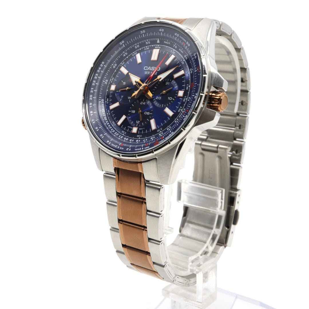 【未使用級／稼働品】カシオ CASIO スタンダード MTP-SW320 スイープセコンド メンズ クォーツ アナログ シルバー ピンクゴールド コンビ ネイビー文字盤 マルチファンクション デイデイト 24時間計 ビッグフェイス 海外モデル 逆輸入 G8