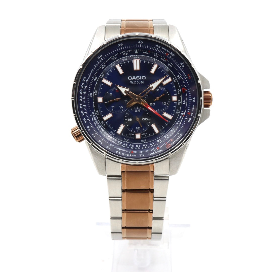 【未使用級／稼働品】カシオ CASIO スタンダード MTP-SW320 スイープセコンド メンズ クォーツ アナログ シルバー ピンクゴールド コンビ ネイビー文字盤 マルチファンクション デイデイト 24時間計 ビッグフェイス 海外モデル 逆輸入 G8