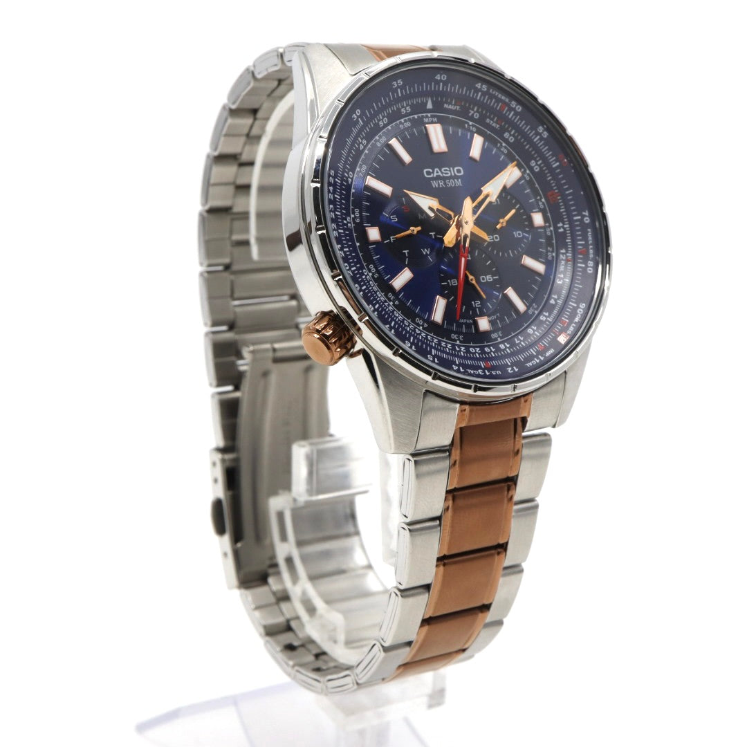 【未使用級／稼働品】カシオ CASIO スタンダード MTP-SW320 スイープセコンド メンズ クォーツ アナログ シルバー ピンクゴールド コンビ ネイビー文字盤 マルチファンクション デイデイト 24時間計 ビッグフェイス 海外モデル 逆輸入 G8