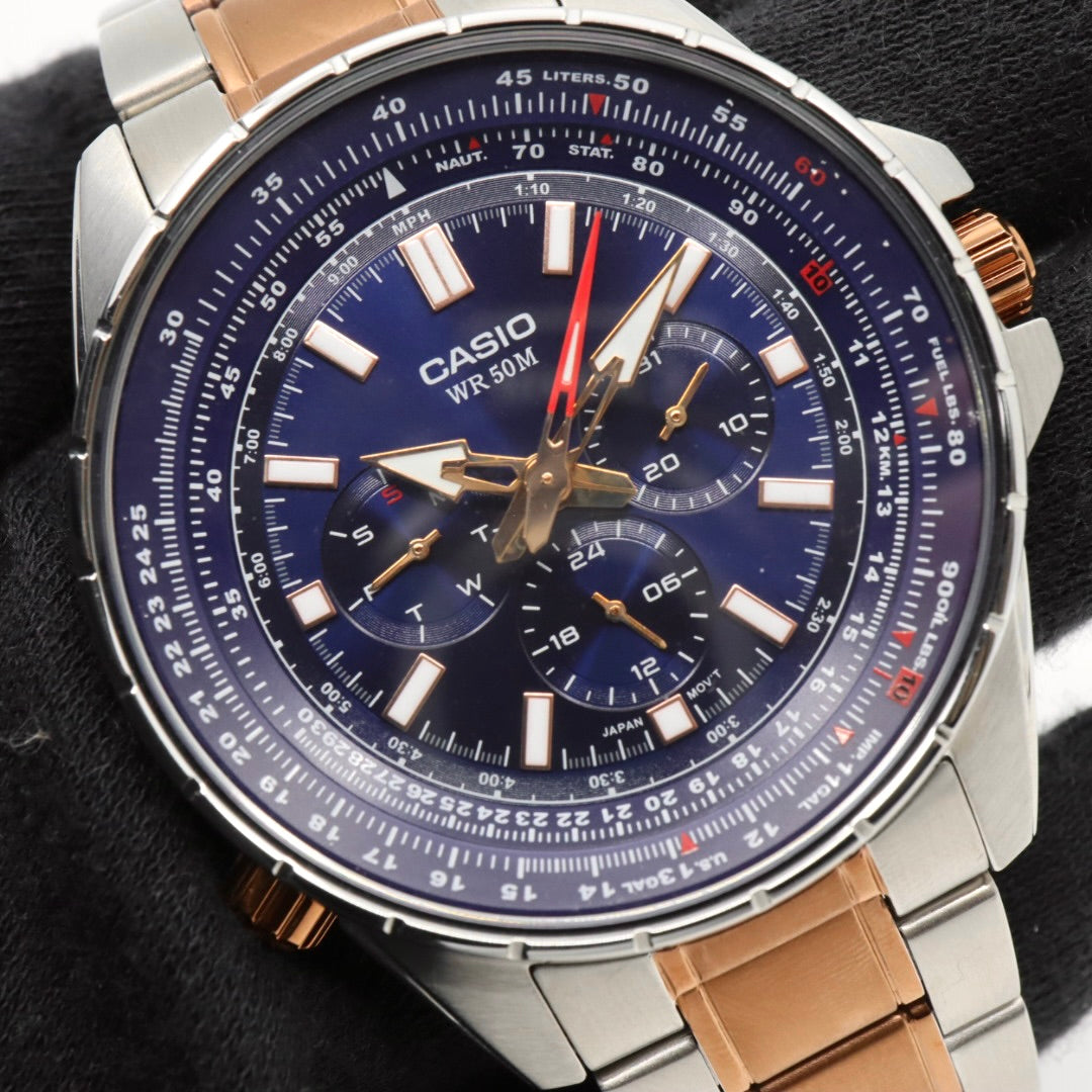 【未使用級／稼働品】カシオ CASIO スタンダード MTP-SW320 スイープセコンド メンズ クォーツ アナログ シルバー ピンクゴールド コンビ ネイビー文字盤 マルチファンクション デイデイト 24時間計 ビッグフェイス 海外モデル 逆輸入 G8