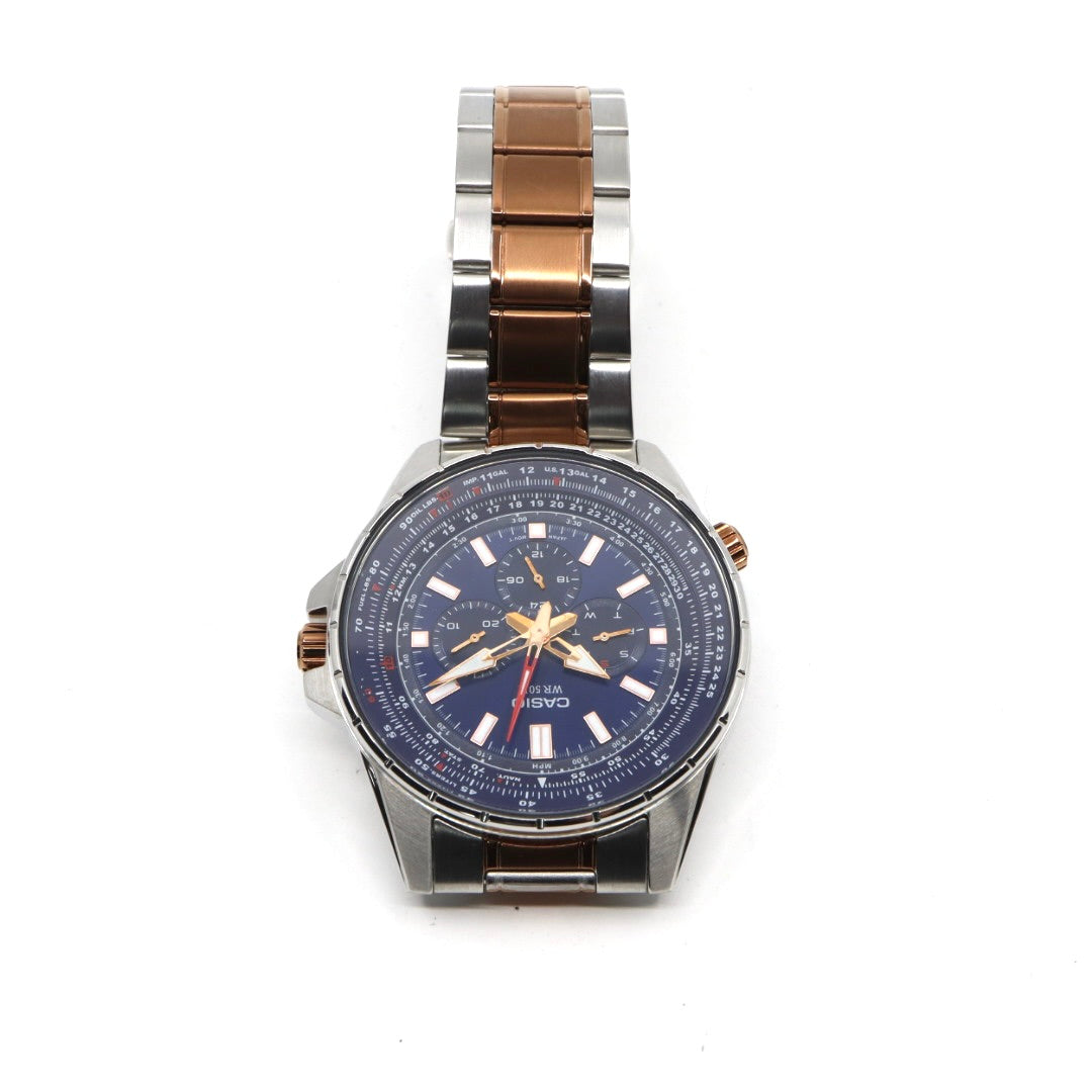 【未使用級／稼働品】カシオ CASIO スタンダード MTP-SW320 スイープセコンド メンズ クォーツ アナログ シルバー ピンクゴールド コンビ ネイビー文字盤 マルチファンクション デイデイト 24時間計 ビッグフェイス 海外モデル 逆輸入 G8