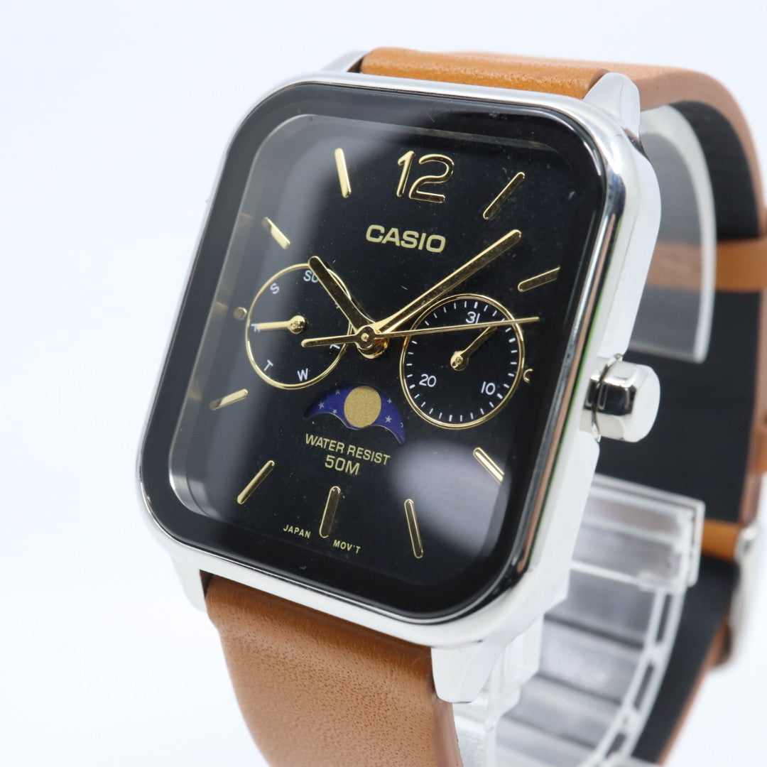 【未使用級／稼働品】カシオ CASIO スタンダード MTP-M305 ムーンフェイズ 腕時計 メンズ ユニセックス クォーツ アナログ スクエア 角型 シルバー ブラック文字盤 ブラウンレザー 海外モデル 逆輸入 クラシック レトロ 希少 レア G8