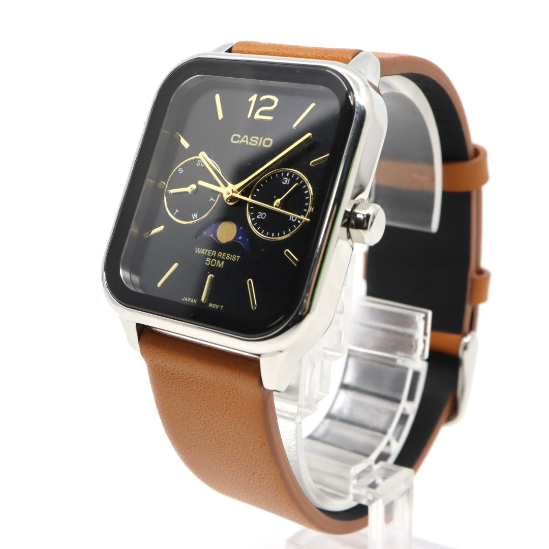 【未使用級／稼働品】カシオ CASIO スタンダード MTP-M305 ムーンフェイズ 腕時計 メンズ ユニセックス クォーツ アナログ スクエア 角型 シルバー ブラック文字盤 ブラウンレザー 海外モデル 逆輸入 クラシック レトロ 希少 レア G8