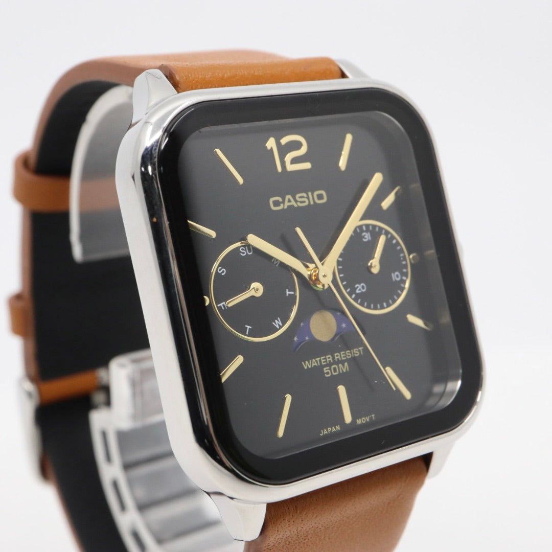 【未使用級／稼働品】カシオ CASIO スタンダード MTP-M305 ムーンフェイズ 腕時計 メンズ ユニセックス クォーツ アナログ スクエア 角型 シルバー ブラック文字盤 ブラウンレザー 海外モデル 逆輸入 クラシック レトロ 希少 レア G8