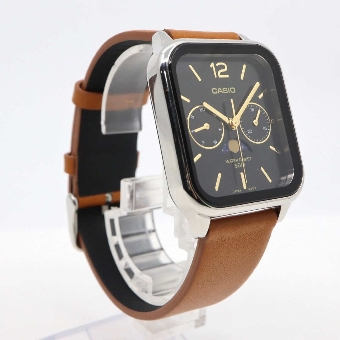 【未使用級／稼働品】カシオ CASIO スタンダード MTP-M305 ムーンフェイズ 腕時計 メンズ ユニセックス クォーツ アナログ スクエア 角型 シルバー ブラック文字盤 ブラウンレザー 海外モデル 逆輸入 クラシック レトロ 希少 レア G8