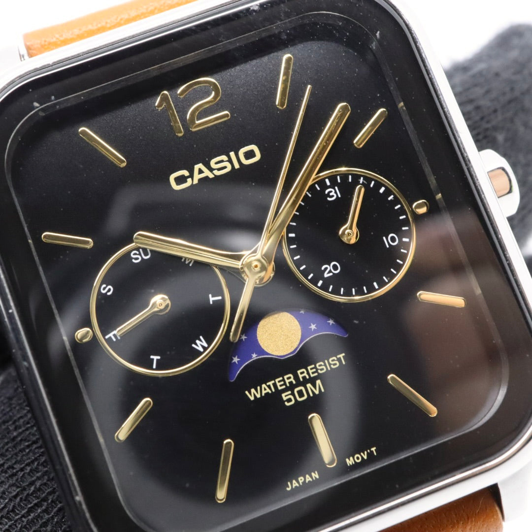 【未使用級／稼働品】カシオ CASIO スタンダード MTP-M305 ムーンフェイズ 腕時計 メンズ ユニセックス クォーツ アナログ スクエア 角型 シルバー ブラック文字盤 ブラウンレザー 海外モデル 逆輸入 クラシック レトロ 希少 レア G8