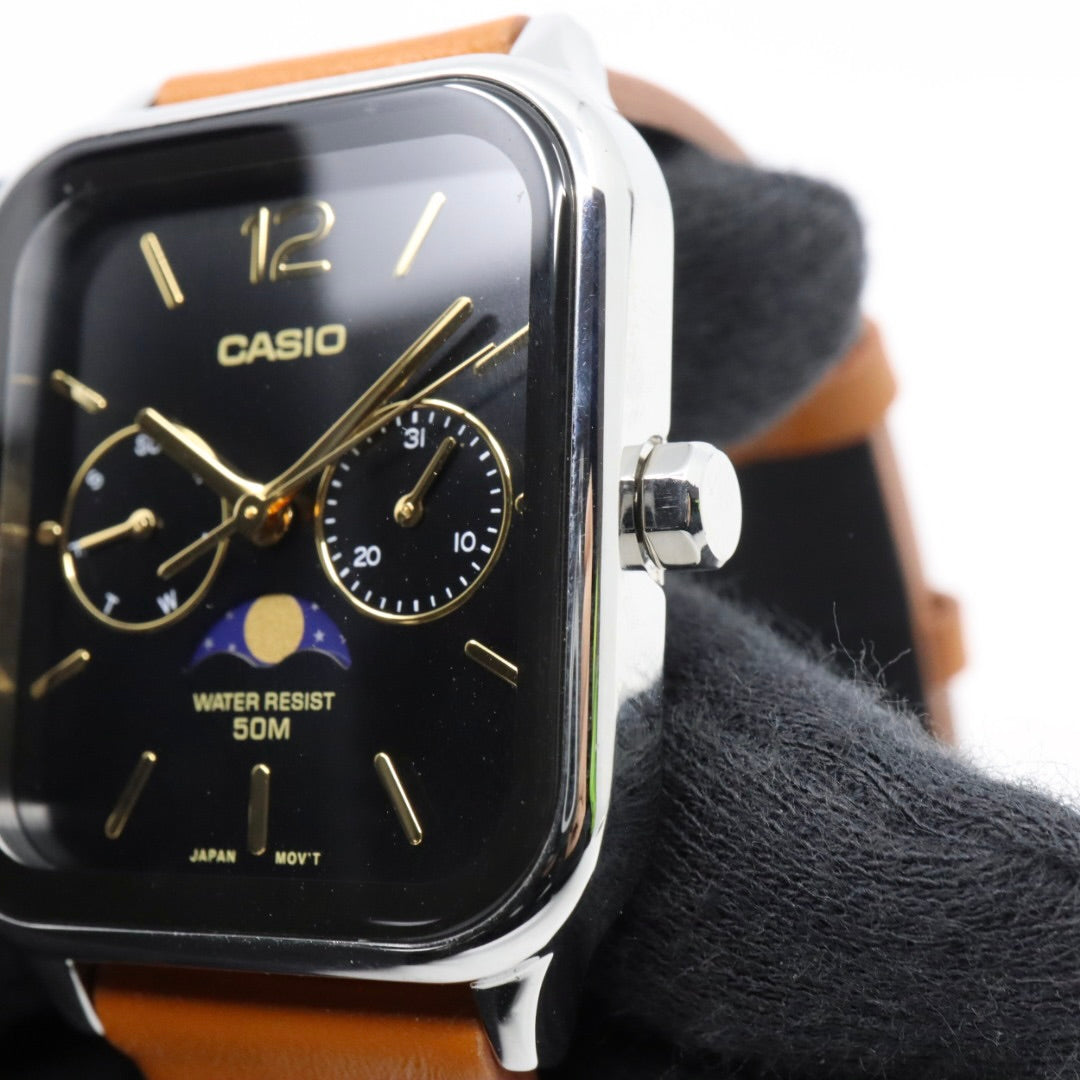 【未使用級／稼働品】カシオ CASIO スタンダード MTP-M305 ムーンフェイズ 腕時計 メンズ ユニセックス クォーツ アナログ スクエア 角型 シルバー ブラック文字盤 ブラウンレザー 海外モデル 逆輸入 クラシック レトロ 希少 レア G8