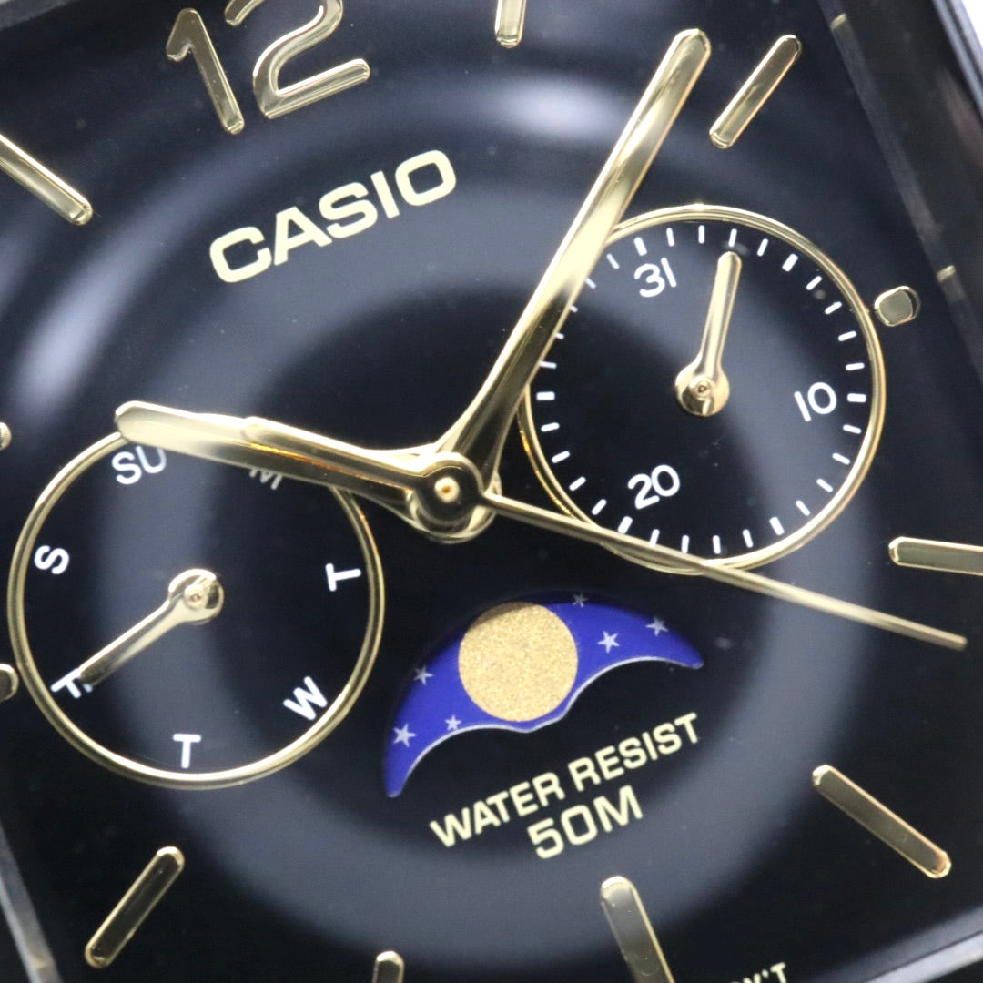 【未使用級／稼働品】カシオ CASIO スタンダード MTP-M305 ムーンフェイズ 腕時計 メンズ ユニセックス クォーツ アナログ スクエア 角型 シルバー ブラック文字盤 ブラウンレザー 海外モデル 逆輸入 クラシック レトロ 希少 レア G8