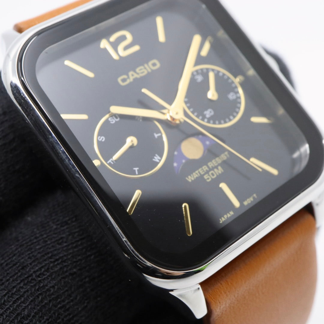 【未使用級／稼働品】カシオ CASIO スタンダード MTP-M305 ムーンフェイズ 腕時計 メンズ ユニセックス クォーツ アナログ スクエア 角型 シルバー ブラック文字盤 ブラウンレザー 海外モデル 逆輸入 クラシック レトロ 希少 レア G8