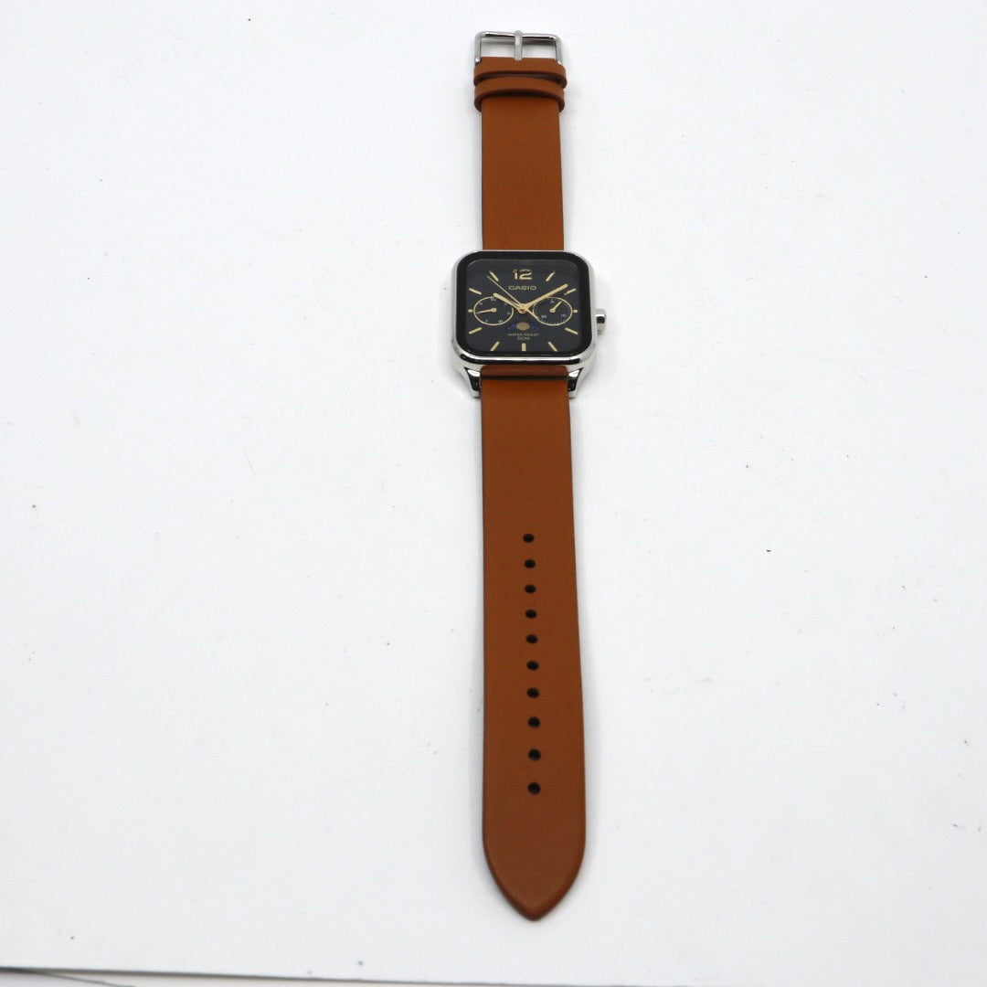 【未使用級／稼働品】カシオ CASIO スタンダード MTP-M305 ムーンフェイズ 腕時計 メンズ ユニセックス クォーツ アナログ スクエア 角型 シルバー ブラック文字盤 ブラウンレザー 海外モデル 逆輸入 クラシック レトロ 希少 レア G8