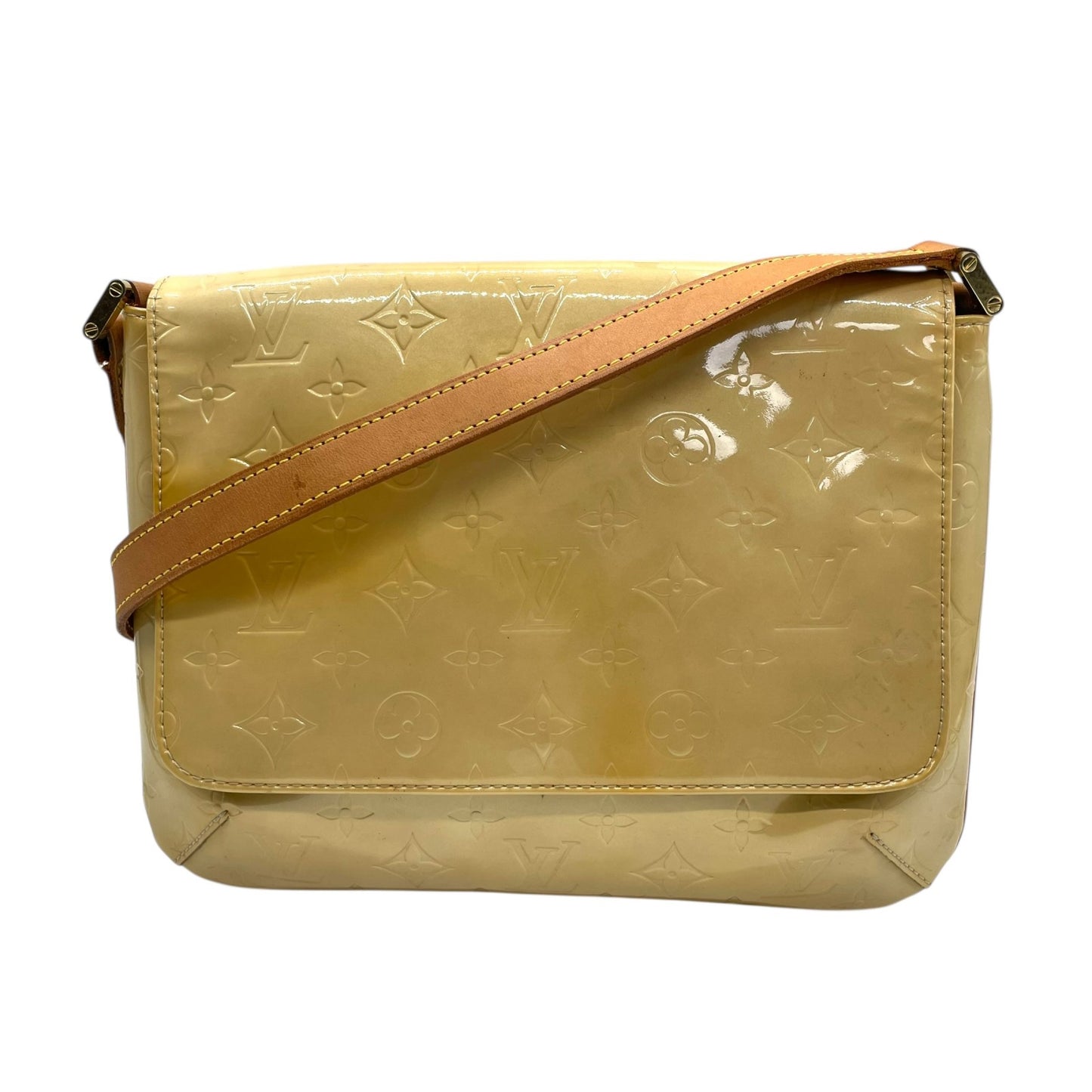 ルイ・ヴィトン LOUIS VUITTON モノグラム ヴェルニ ロング ショルダーバッグ レザー 本革 エナメル パテント イエロー 黄色 ブラウン 茶色 ゴールド金具 レディース ヴィンテージ クラシック エレガント 上品 お出かけ 定番 人気 K11